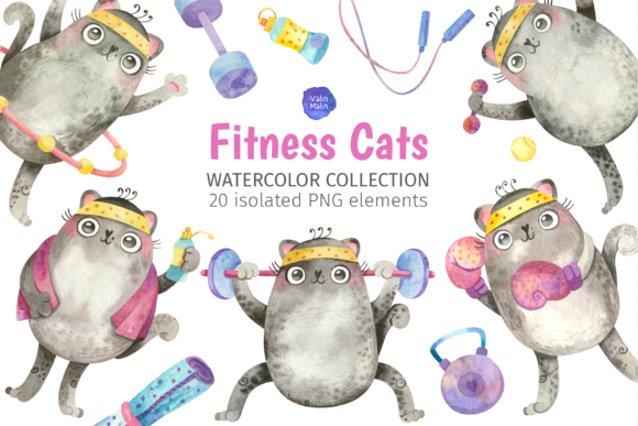 Cute Fitness Cats in Gym Clipart: A Playful Illustration for Branding with Personality