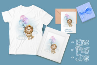 Cute Lion King Flying with Balloons Illustrations