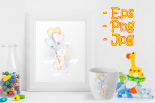 Unicorns Fly with Heart Balloon Illustrations for Creative Sellers